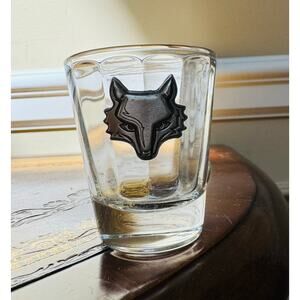 Glass Fluted Shot Glass with Pewter Stainless Steel Wolf Fox Emblem NEW